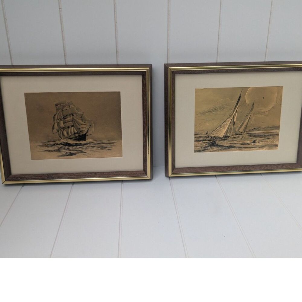 Set of 2 Dufex Gold Foil Art - Framed, Sailing Ships and Ocean - 1980